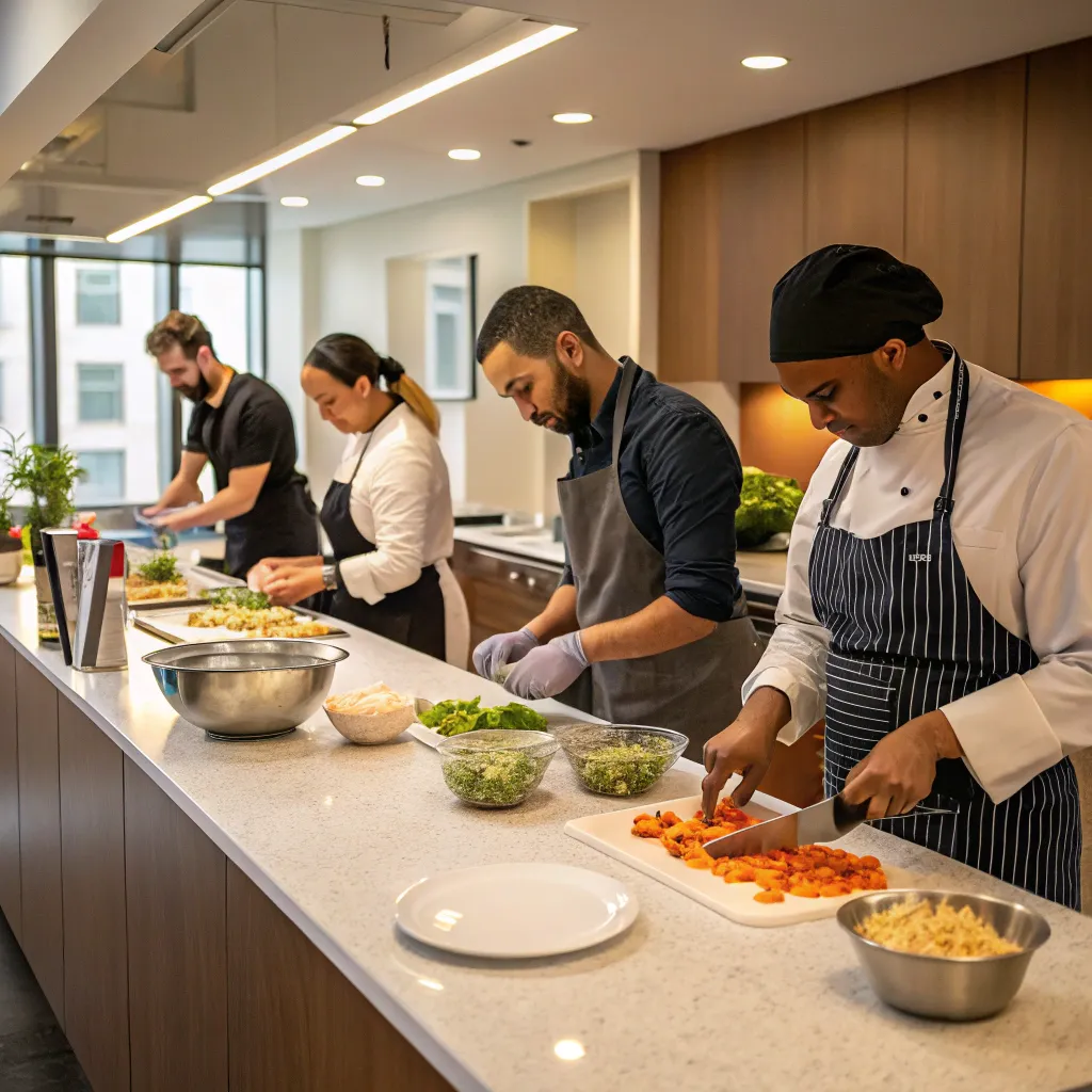 Team cooking together in a corporate kitchen setting